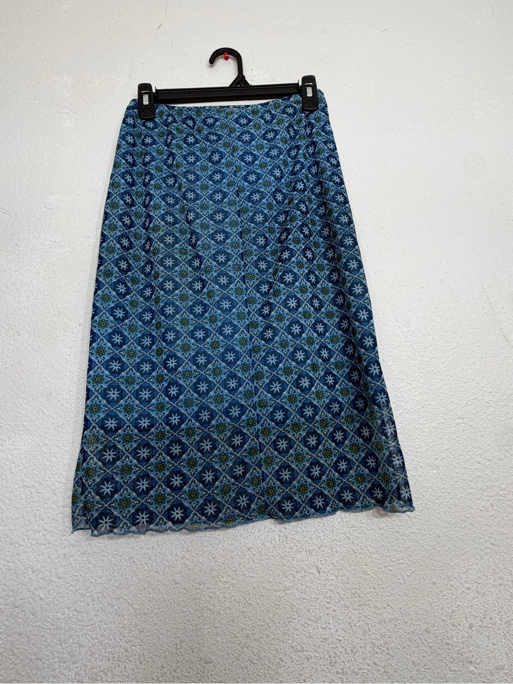 Vintage 90s Y2K Pandora Mesh Midi Skirt Geometric Starburst Blue Small USA